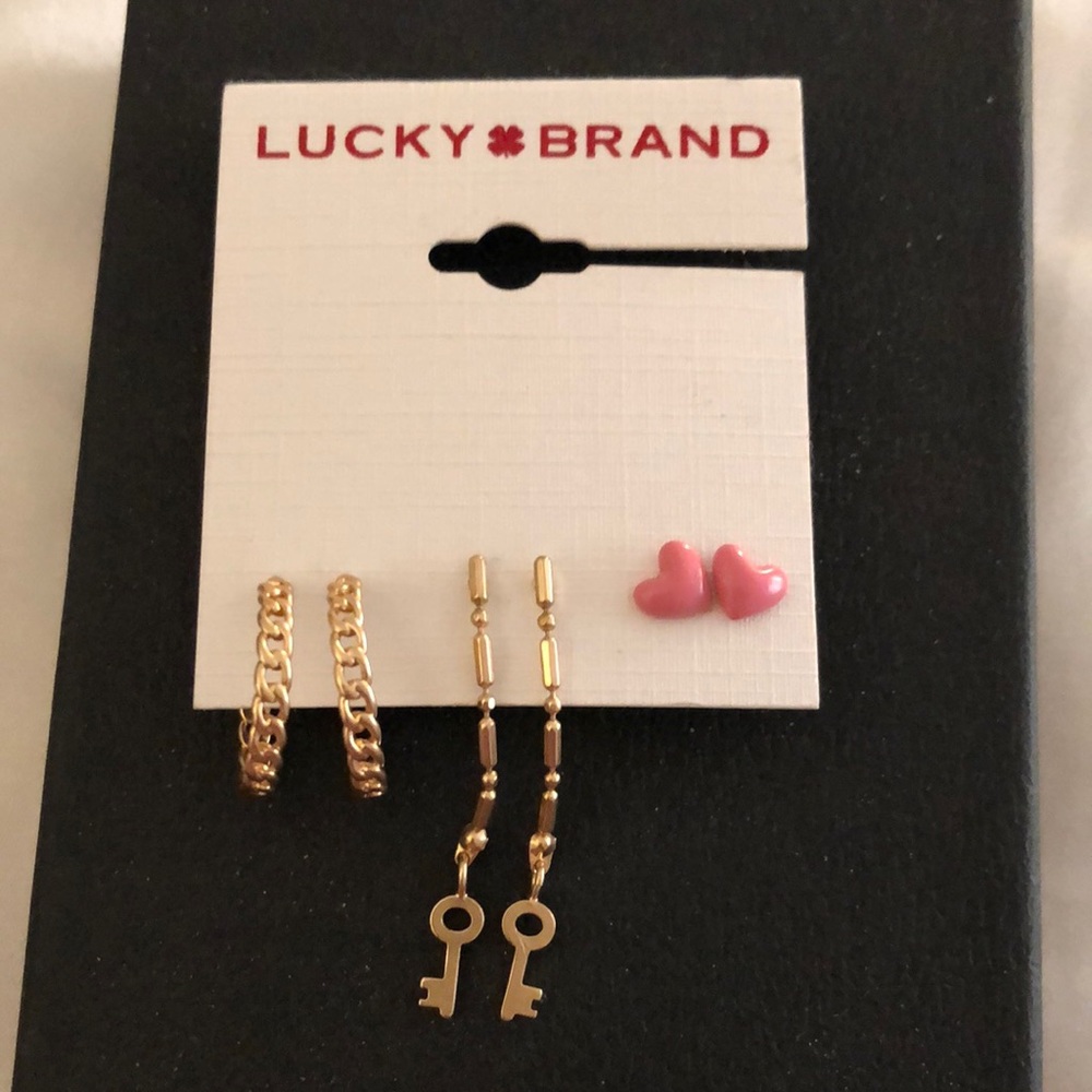 Lucky Brand Three Pair Earring Set Hoops, Heart Studs & Key Drop Earrings NWT